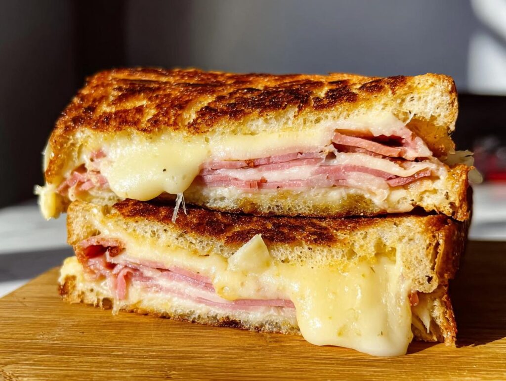 Close-up of a grilled ham and cheese sandwich, cut in half, with melted cheese oozing out.