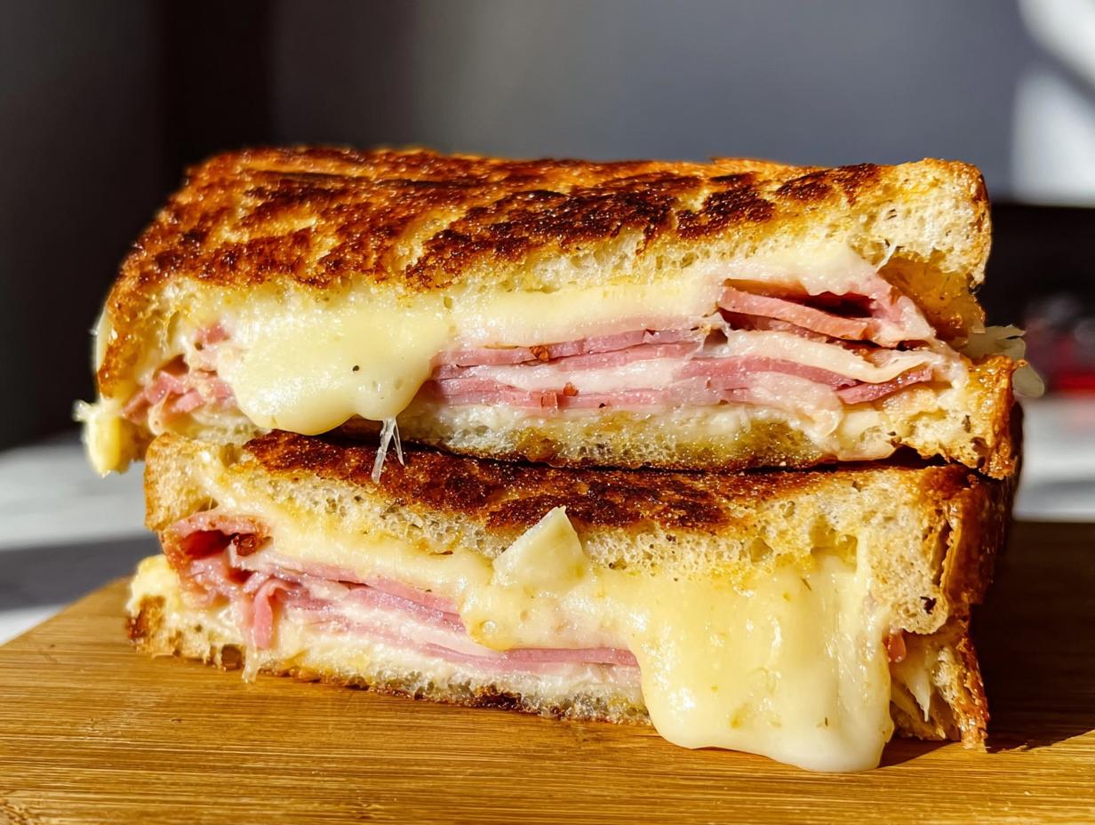 Close-up of a grilled ham and cheese sandwich, cut in half, with melted cheese oozing out.