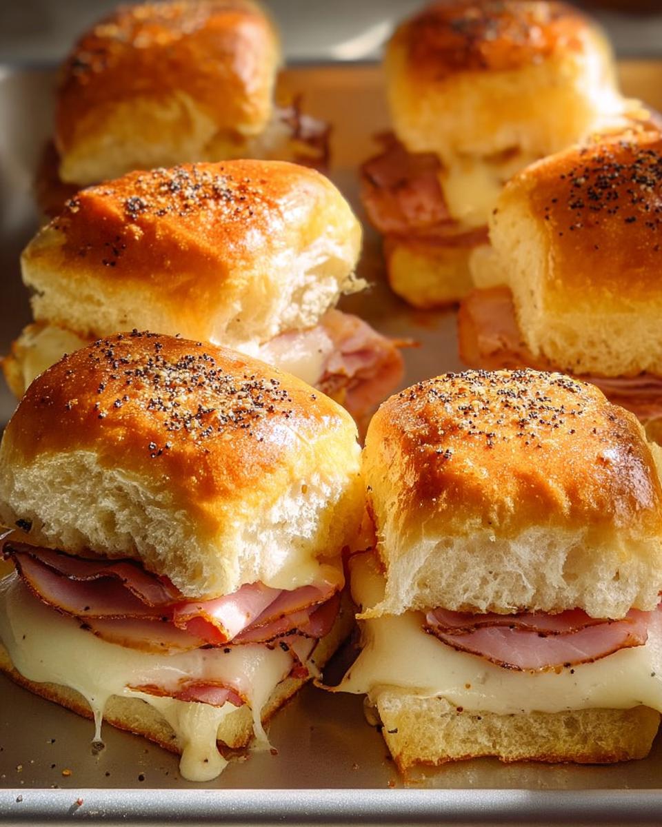 Close-up of delicious ham and cheese sliders, part of 12 genius sandwich ideas for busy weeknights.