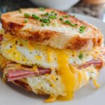 A close-up of a savory ham and egg sandwich with melted cheese and chives, perfect for sandwich ideas.