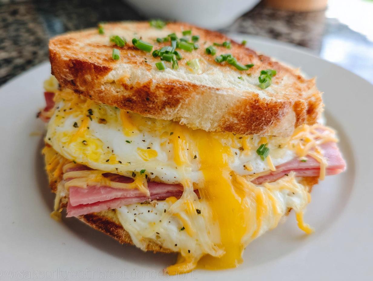 A close-up of a savory ham and egg sandwich with melted cheese and chives, perfect for sandwich ideas.