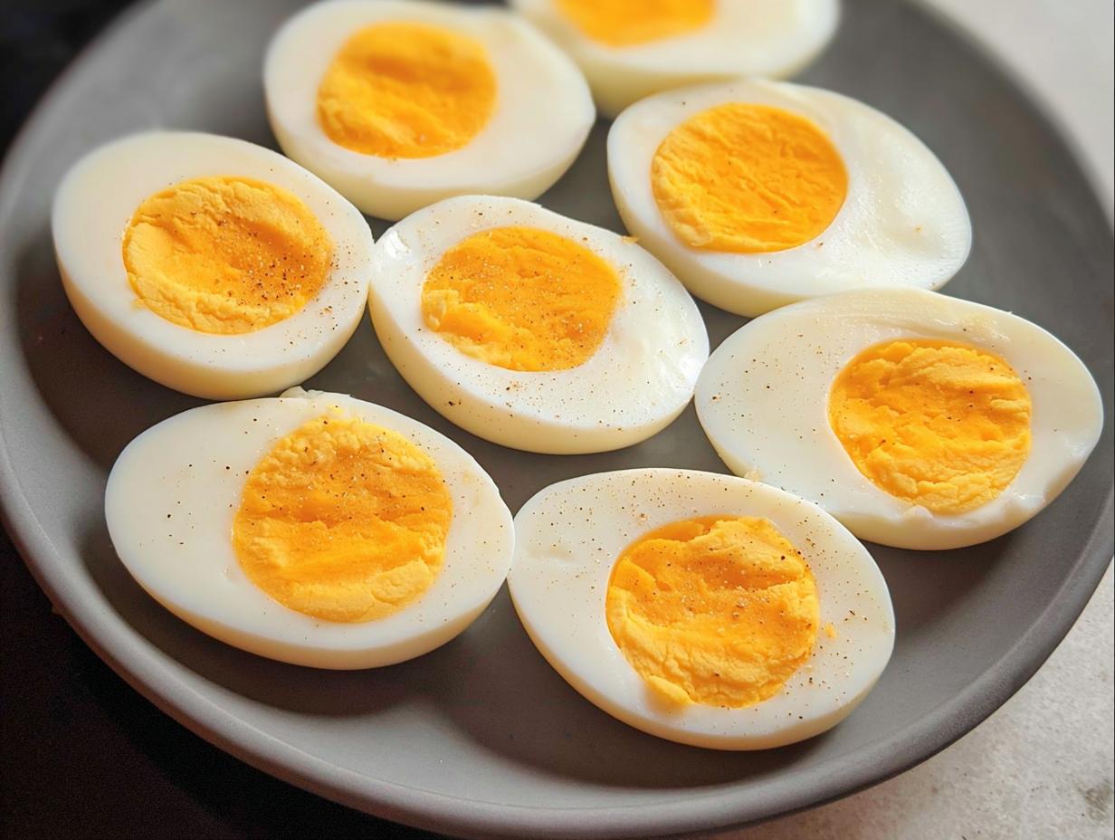 A plate of perfectly cooked hard-boiled eggs, halved and seasoned with pepper, ideal for healthy meals recipes.