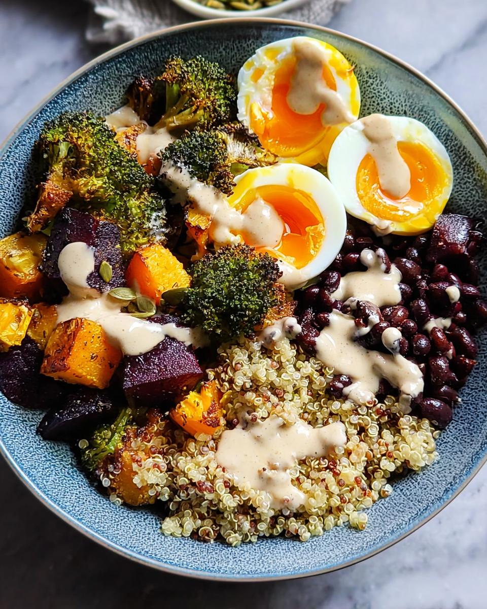 A vibrant bowl of breakfast ideas featuring quinoa, roasted vegetables, black beans, and soft-boiled eggs, drizzled with a creamy sauce.