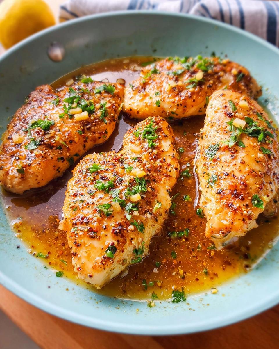Four pan-seared chicken breasts in a lemon herb sauce, garnished with parsley, perfect for healthy meals.