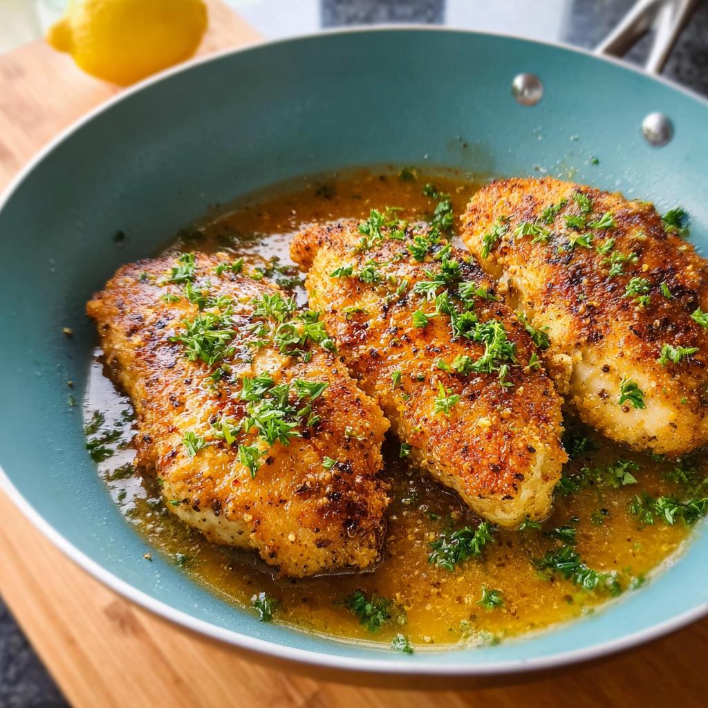 Three pan-fried chicken breasts with a golden crust, topped with fresh parsley and lemon herb sauce, part of 7 Genius Healthy Meals Recipes Ideas for Busy Weeknights.