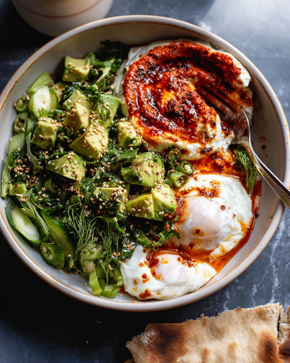 A vibrant and healthy meal recipe bowl with avocado, greens, and fried eggs, perfect for a nutritious breakfast.