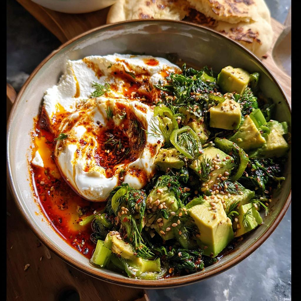 A healthy meal recipe featuring creamy yogurt topped with chili oil, alongside diced avocado, greens, and herbs, sprinkled with sesame seeds.