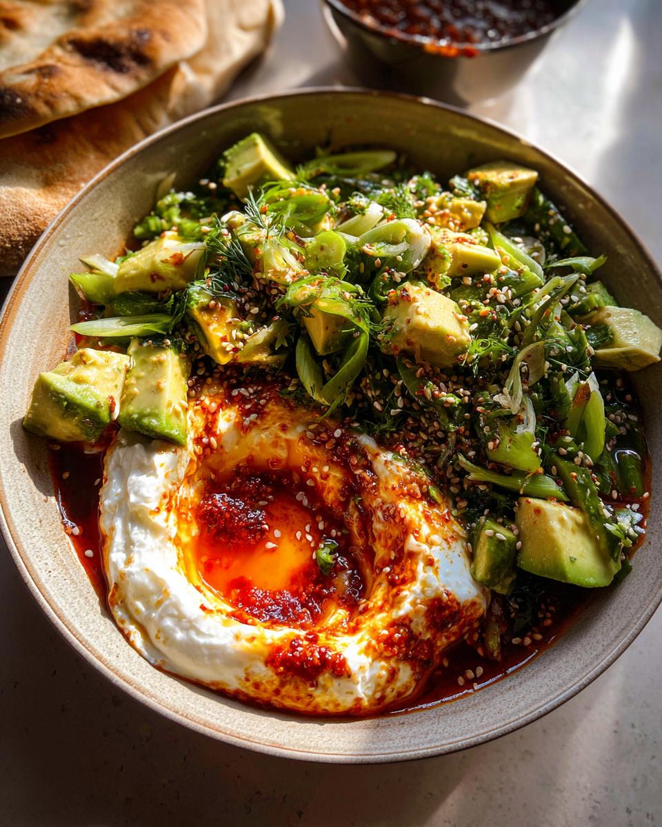 A vibrant, healthy meal recipe featuring a poached egg in yogurt with chili oil, topped with avocado, scallions, and sesame seeds.