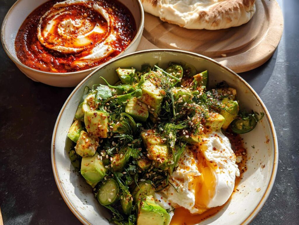A healthy meal recipe featuring a bowl of diced avocado, herbs, and a poached egg with runny yolk, alongside a dip and bread.