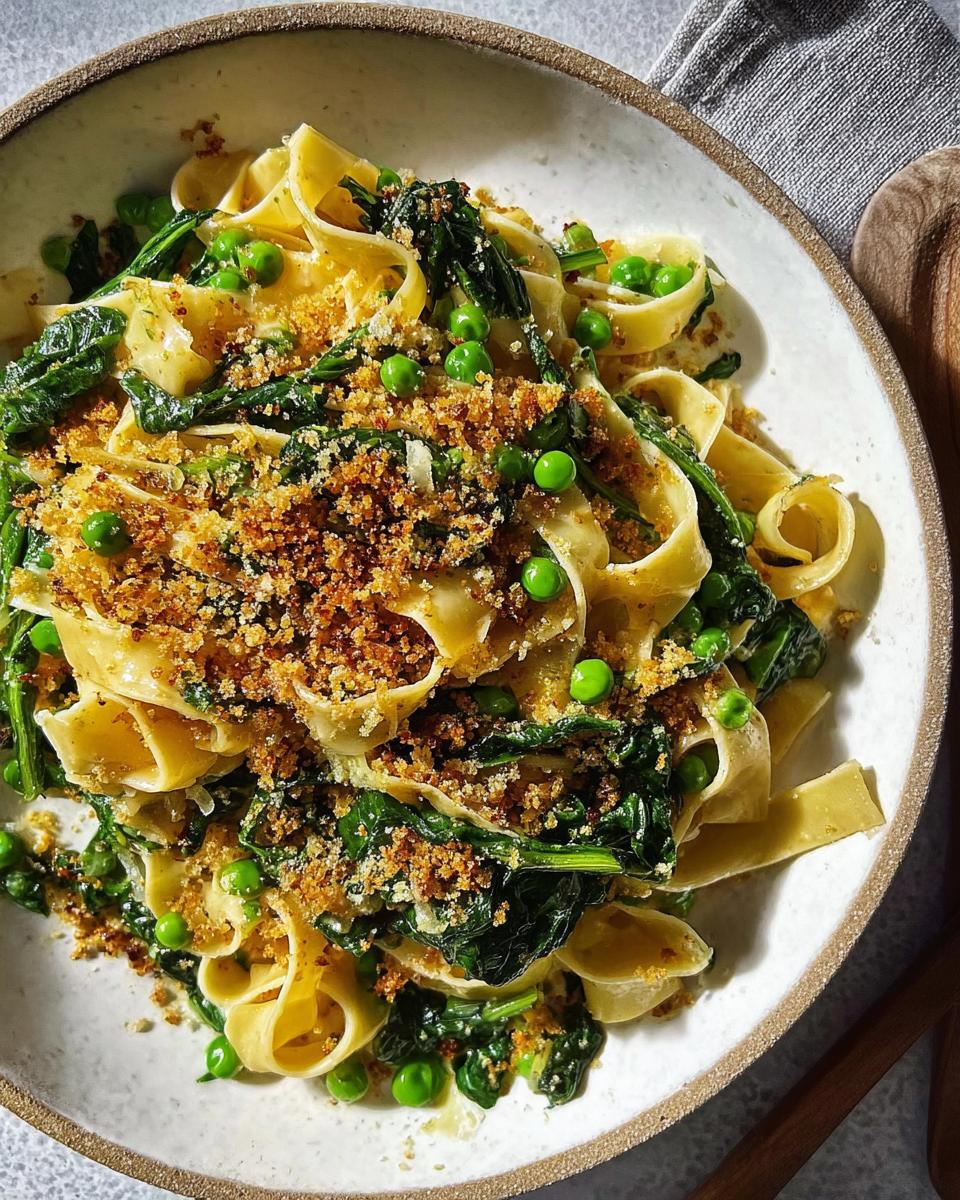 Close-up of a bowl of fettuccine pasta with fresh peas, wilted spinach, and toasted breadcrumbs.
