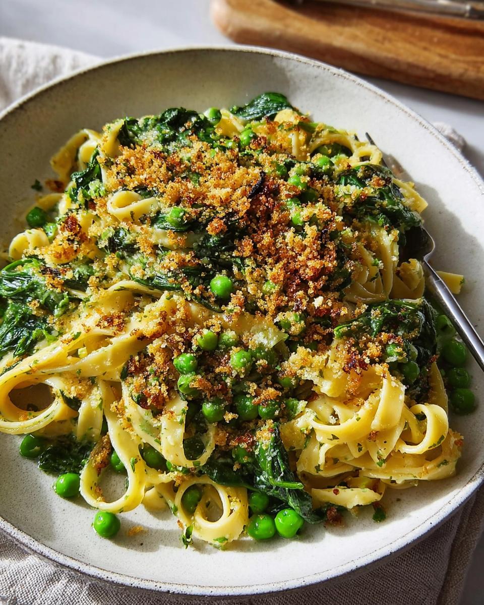 A close-up of healthy pasta with peas and spinach, topped with toasted breadcrumbs, perfect for 20 minute healthy meals recipes.