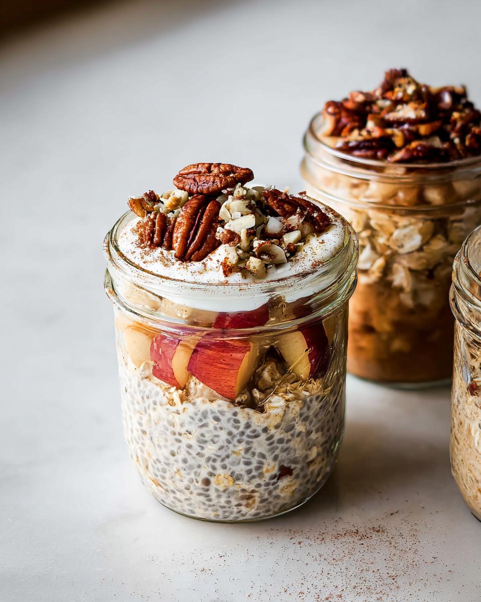 Overnight oats in a jar topped with yogurt, apple slices, and pecans, showcasing a healthy meals recipe.