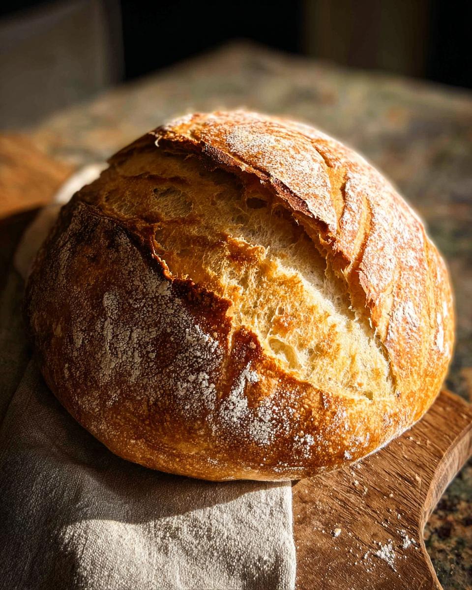 A golden-brown, crusty loaf of artisan bread, dusted with flour, on a wooden board. Part of healthy meals recipes.