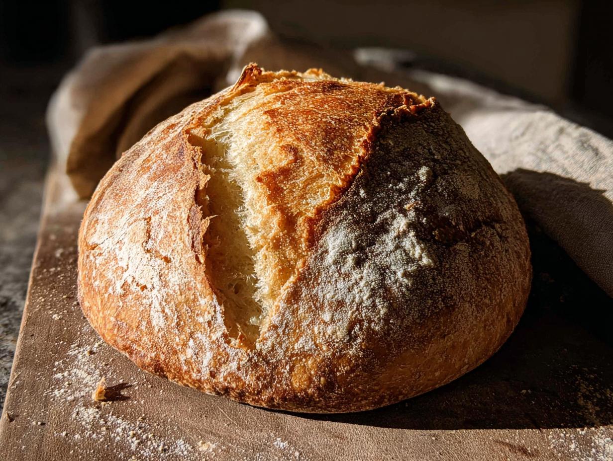 A golden-brown, crusty loaf of bread with a deep score mark, dusted with flour, perfect for healthy meals recipes.