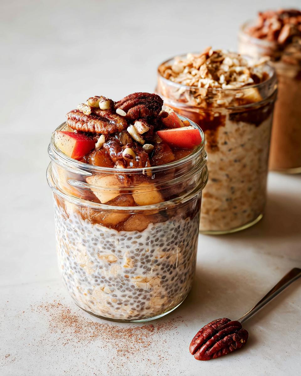 Overnight oats in a jar topped with apples, pecans, and cinnamon, showcasing healthy meals recipes.