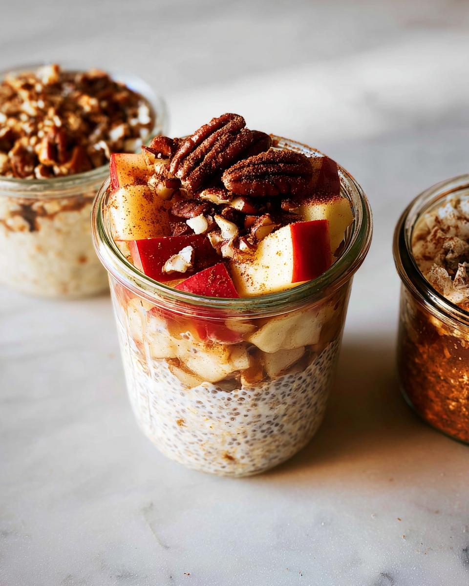 Overnight oats in a jar topped with diced apples, pecans, and cinnamon, part of healthy meals recipes.