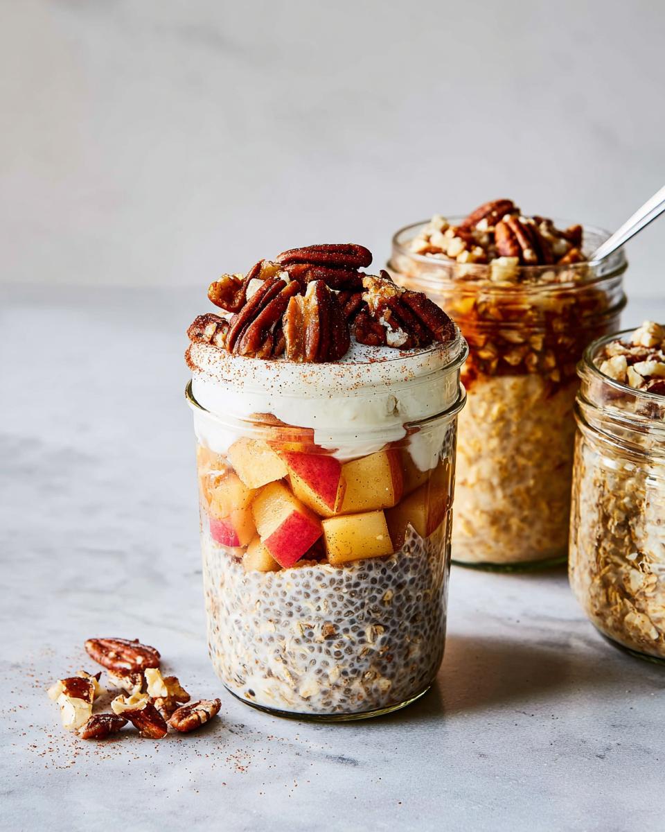 Overnight oats in a jar with chia seeds, layered with diced apples, yogurt, and topped with pecans. Healthy meals recipes.