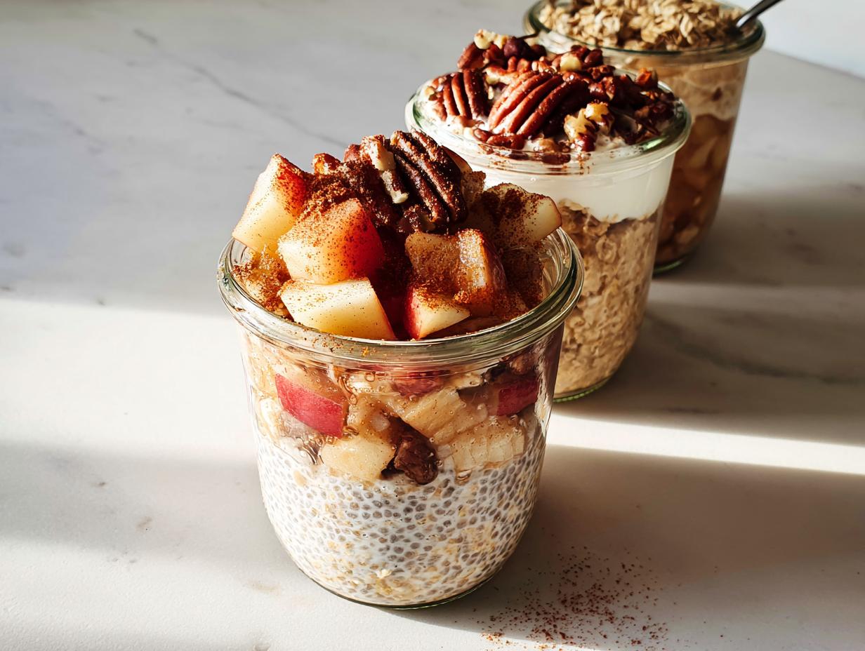 Three jars filled with overnight oats, topped with fruit, nuts, and cinnamon, showcasing healthy meals recipes.