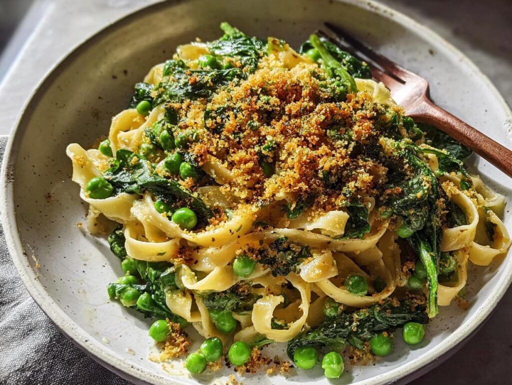 A bowl of fettuccine pasta with peas and spinach, topped with toasted breadcrumbs. A healthy meal recipe.