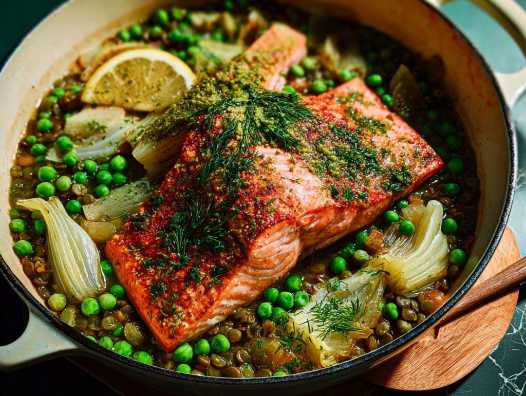 A healthy meal featuring a salmon fillet served over lentils with peas and fennel, garnished with dill and lemon.