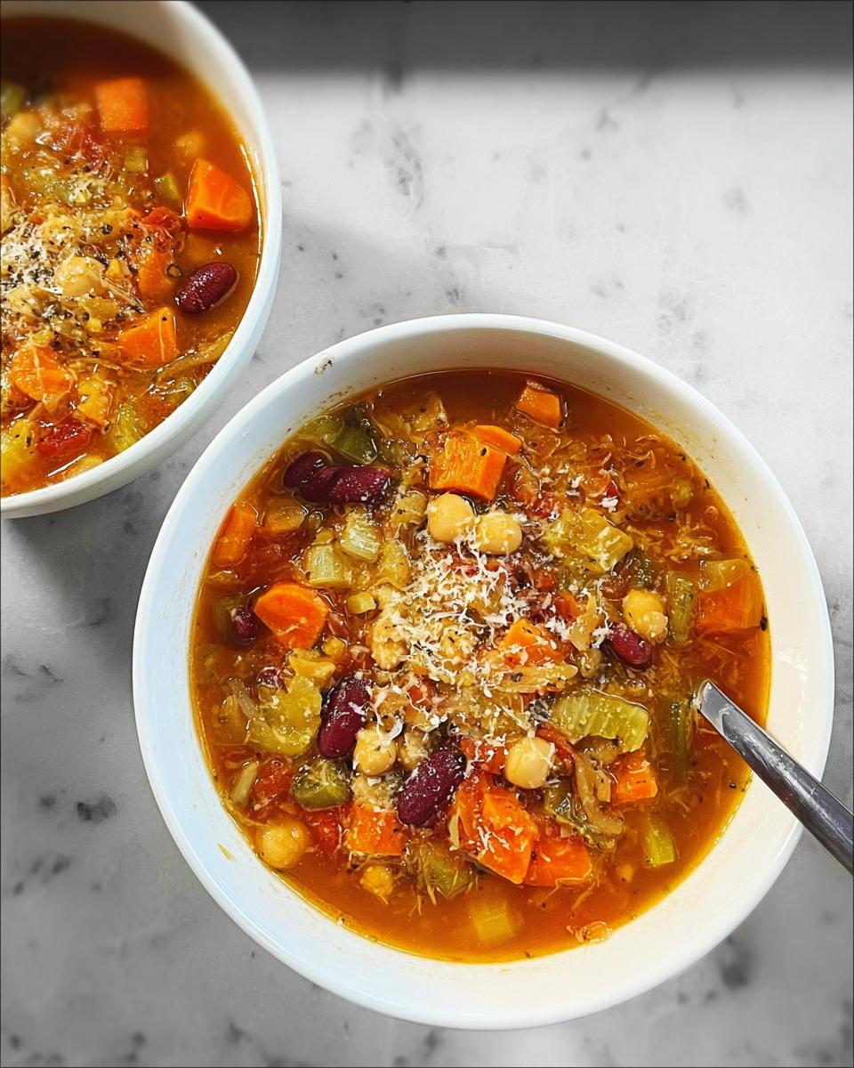 Two bowls of hearty vegetable soup, filled with carrots, beans, chickpeas, and celery, topped with grated cheese.