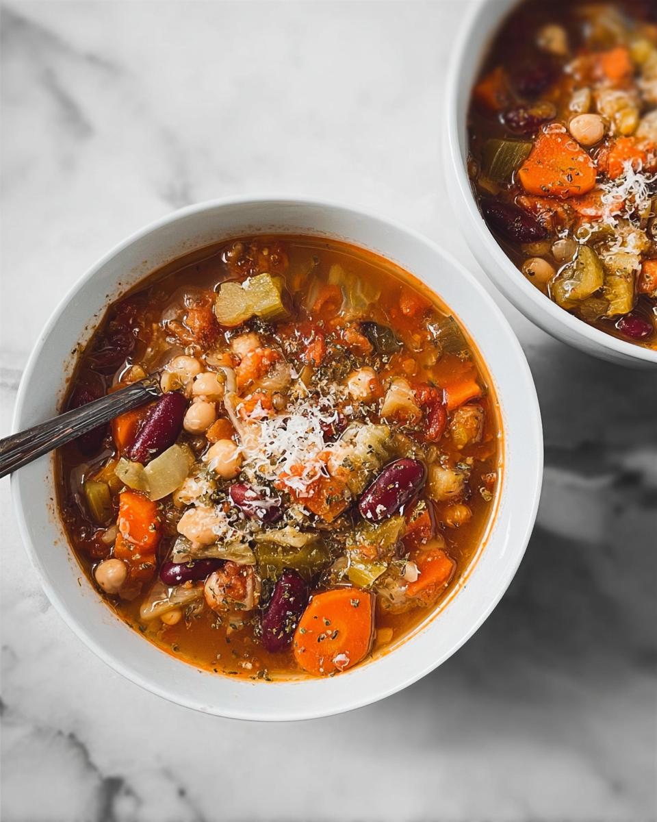 Two bowls of hearty vegetable soup with beans, carrots, and herbs, topped with grated cheese.
