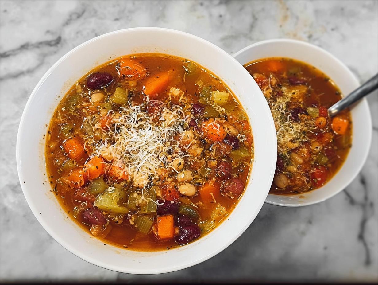 Two bowls of hearty vegetable soup, filled with beans, carrots, celery, and topped with grated cheese.