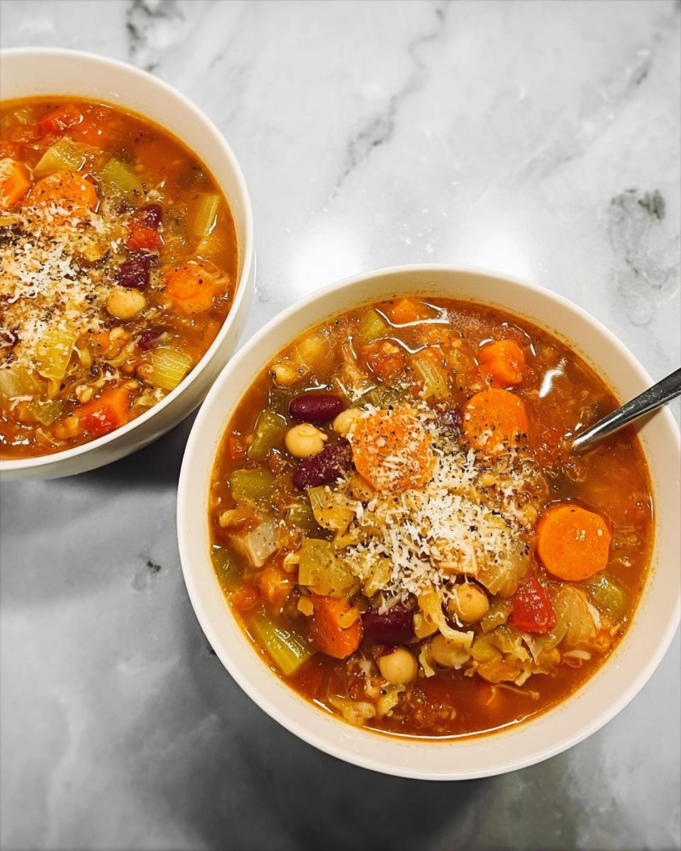Two bowls of hearty vegetable soup recipes filled with carrots, celery, beans, and chickpeas, topped with grated cheese.