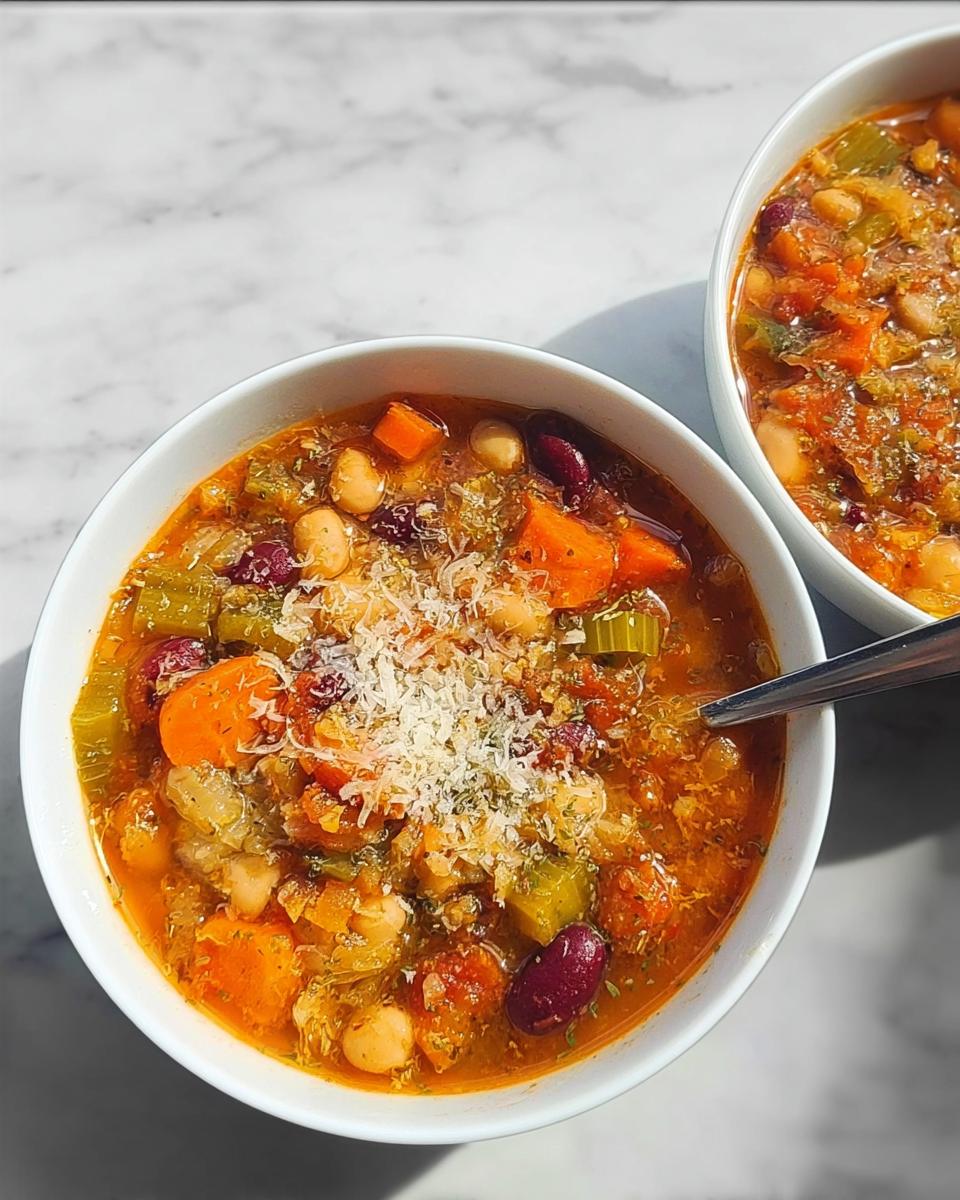 Two bowls of hearty vegetable soup recipes, packed with beans, carrots, celery, and topped with grated cheese.