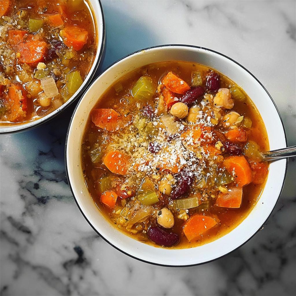 Two bowls of hearty vegetable soup recipe, filled with carrots, beans, chickpeas, and celery, topped with grated cheese.