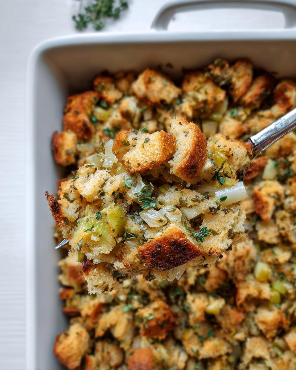 A spoonful of homemade herb stuffing, perfect for meal prep, with visible bread cubes, celery, and herbs.