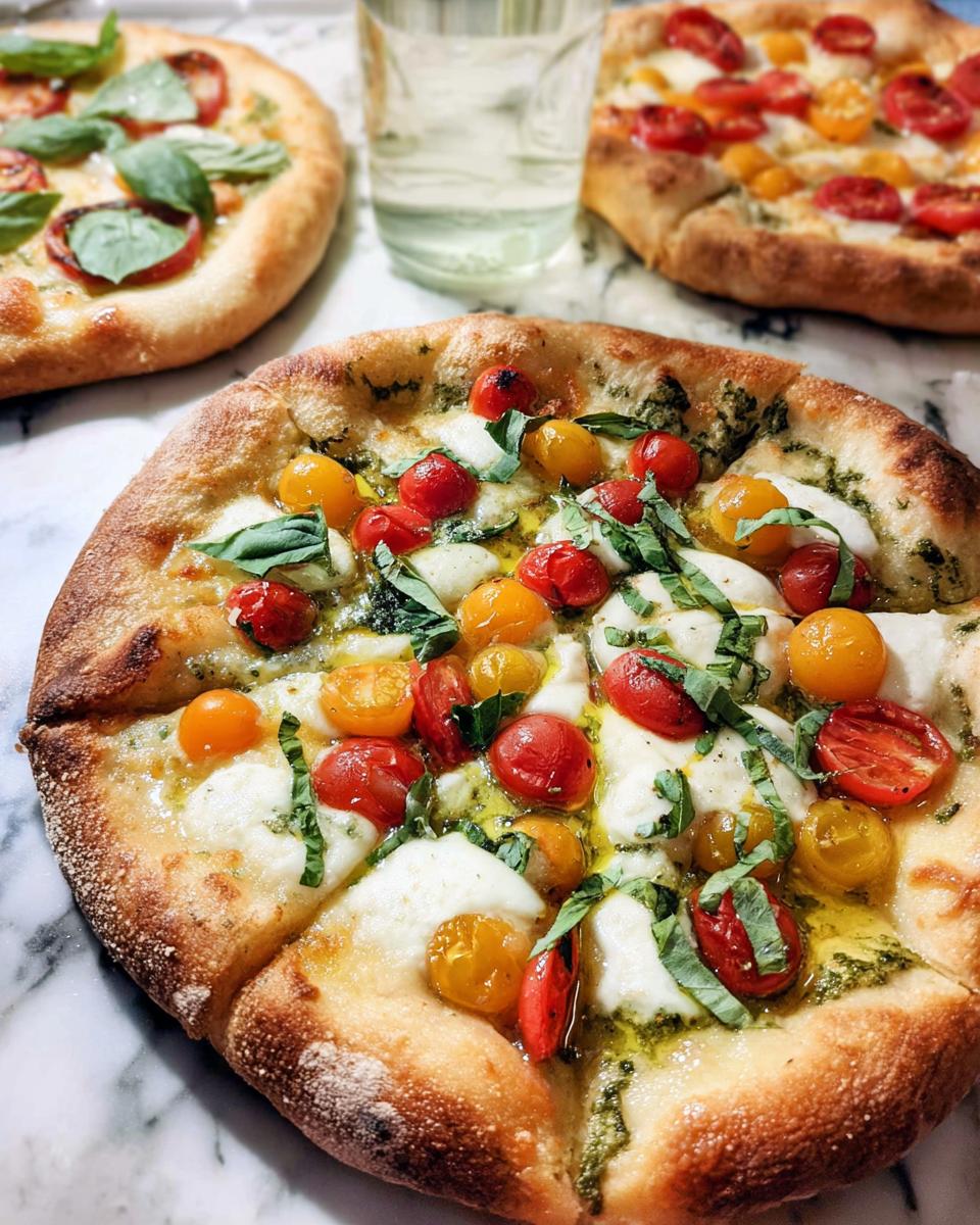 Close-up of a fresh, homemade pizza with cherry tomatoes, mozzarella, and basil, perfect for pizza night recipes.
