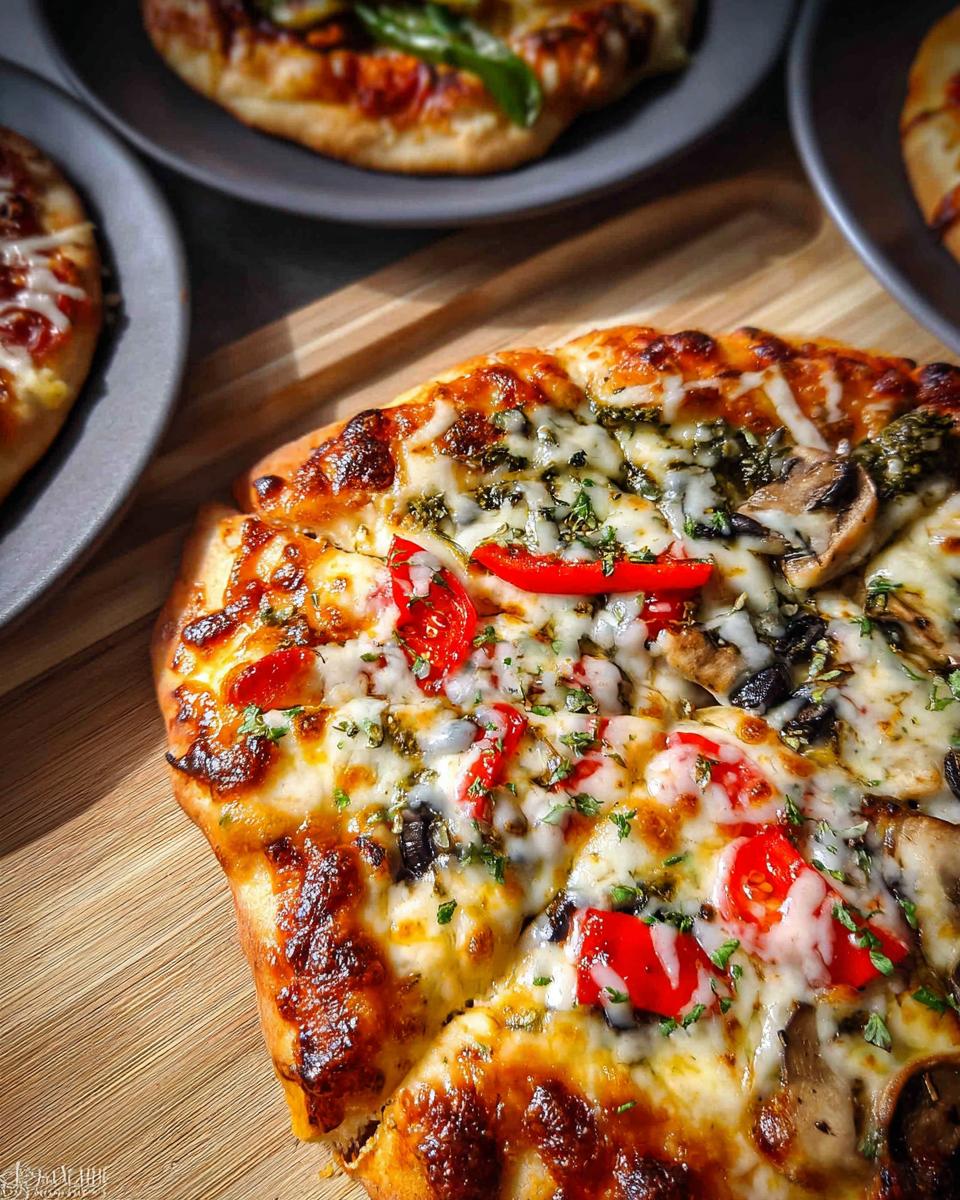 Close-up of a freshly baked homemade pizza with melted cheese, red peppers, mushrooms, and herbs, perfect for pizza night.