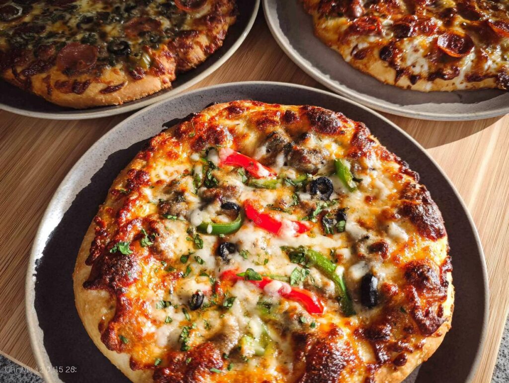 Three delicious homemade pizzas, one with pepperoni and olives, another with mixed vegetables and sausage, perfect for pizza night.