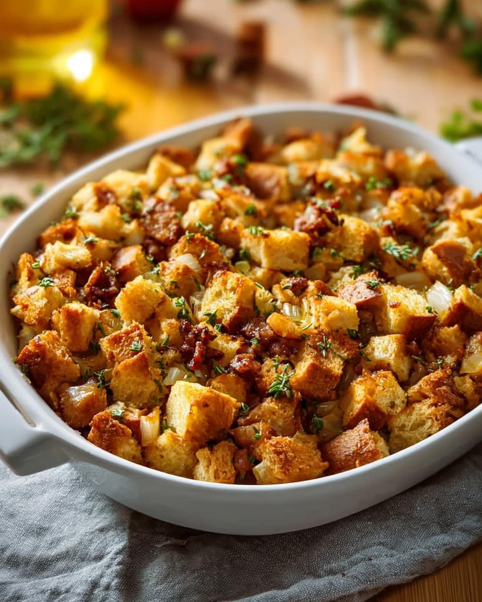 A close-up of a white baking dish filled with golden-brown homemade stuffing, featuring cubes of bread, onions, and herbs.