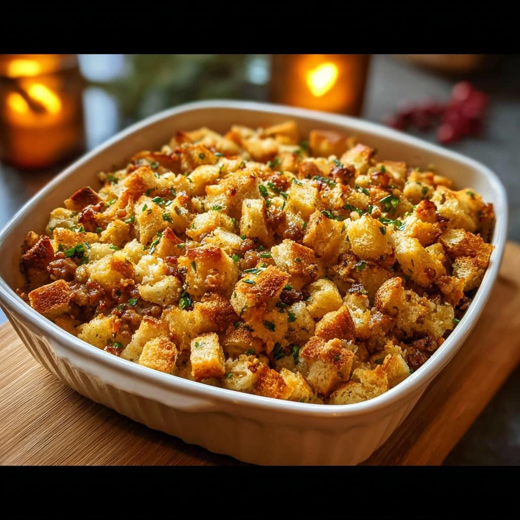 A close-up of a golden-brown homemade stuffing recipe in a white baking dish, garnished with parsley.