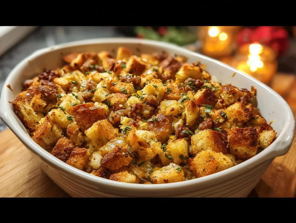 A close-up of a golden-brown homemade stuffing recipe in a white baking dish, garnished with fresh herbs.