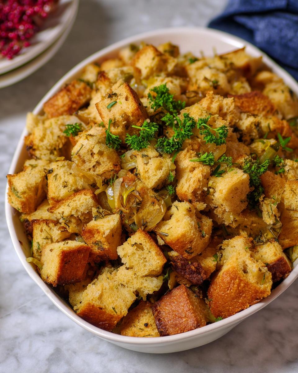 A close-up shot of a bowl filled with homemade stuffing, featuring toasted bread cubes, herbs, and onions.