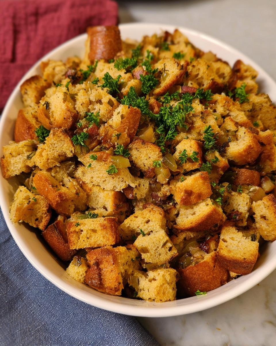 Close-up of a bowl filled with homemade stuffing, featuring toasted bread cubes, herbs, and vegetables.
