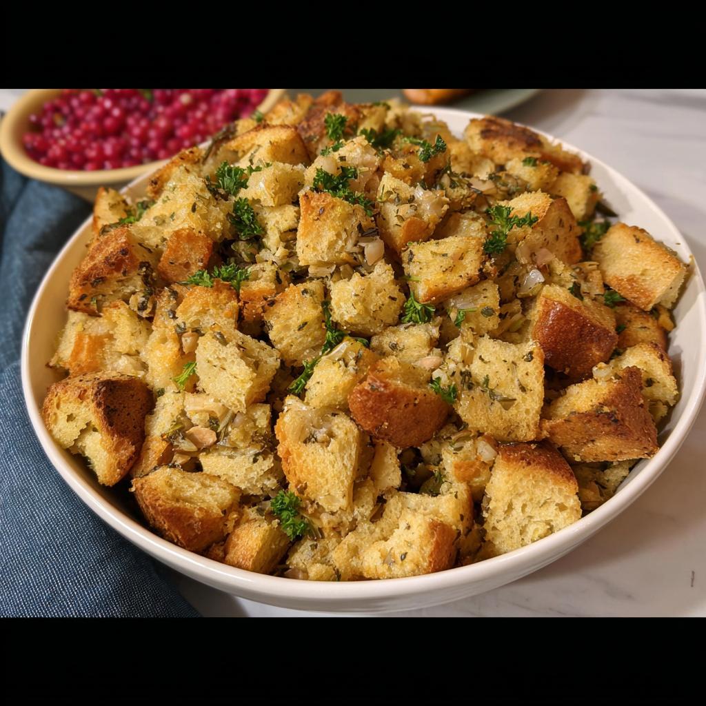 A close-up of a bowl filled with a homemade stuffing recipe, featuring toasted bread cubes and fresh herbs.