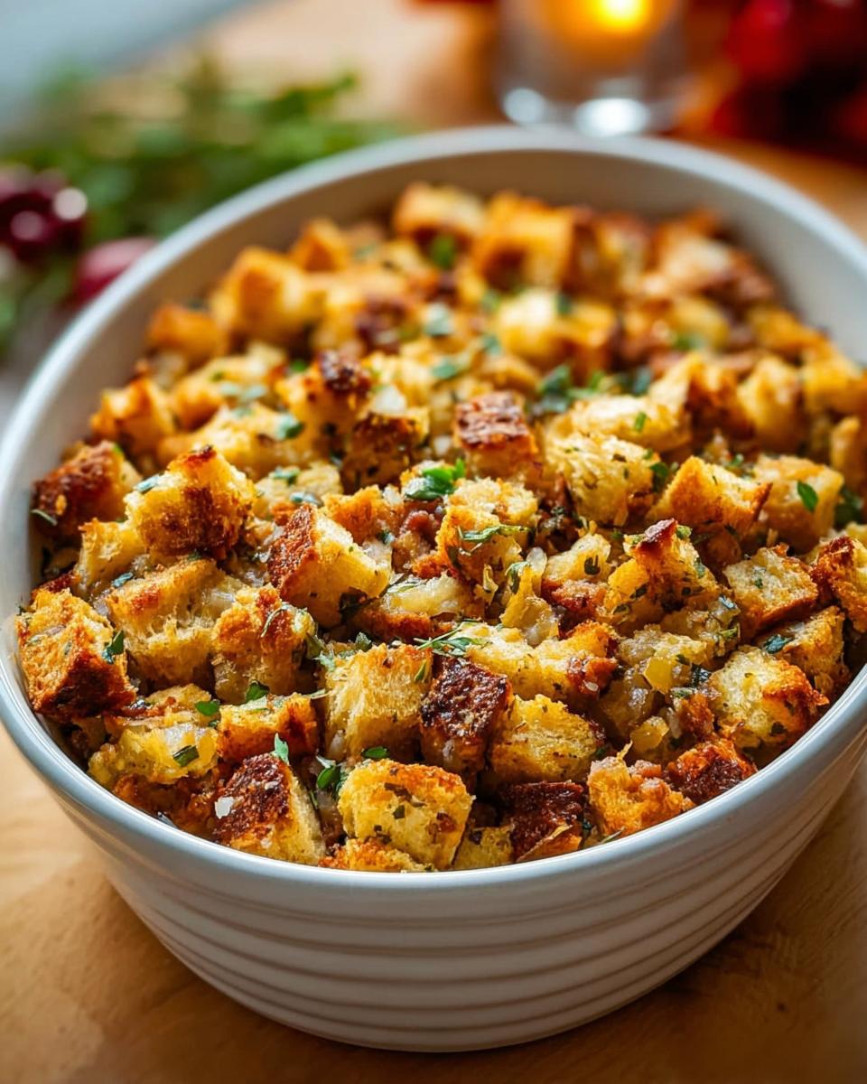 Close-up of a white bowl filled with golden brown homemade stuffing, garnished with fresh herbs.