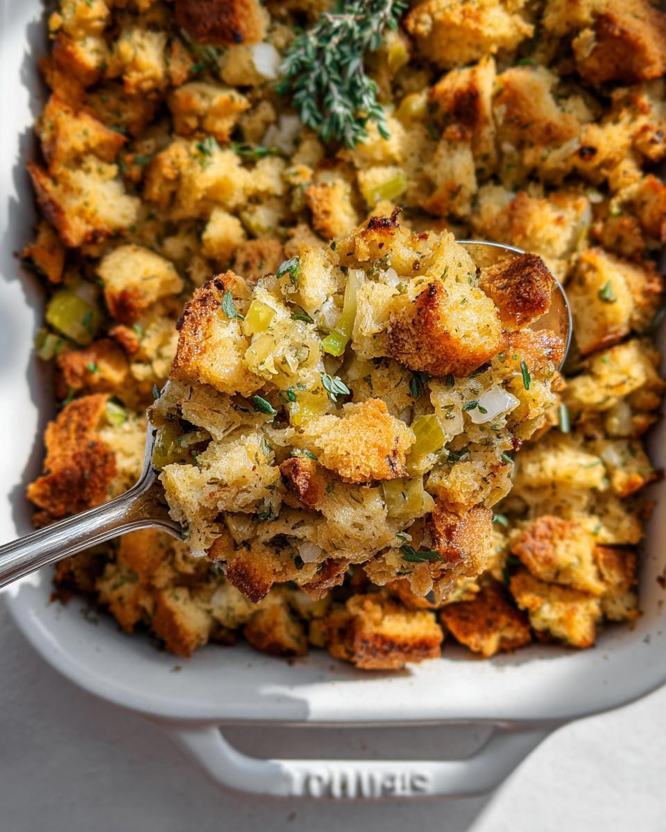 A spoonful of homemade stuffing with bread cubes, celery, and herbs, ready to be served from a baking dish.