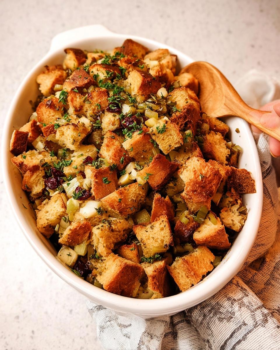 A close-up of a white baking dish filled with golden-brown bread cubes, celery, and cranberries, a classic stuffing recipe.