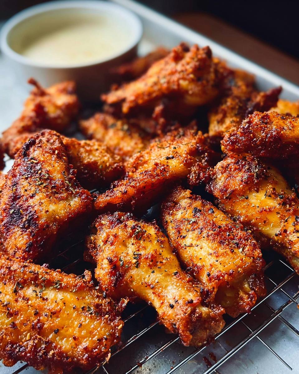Close-up of perfectly seasoned and crispy chicken wings, a delicious recipe for making chicken wings like a pro.