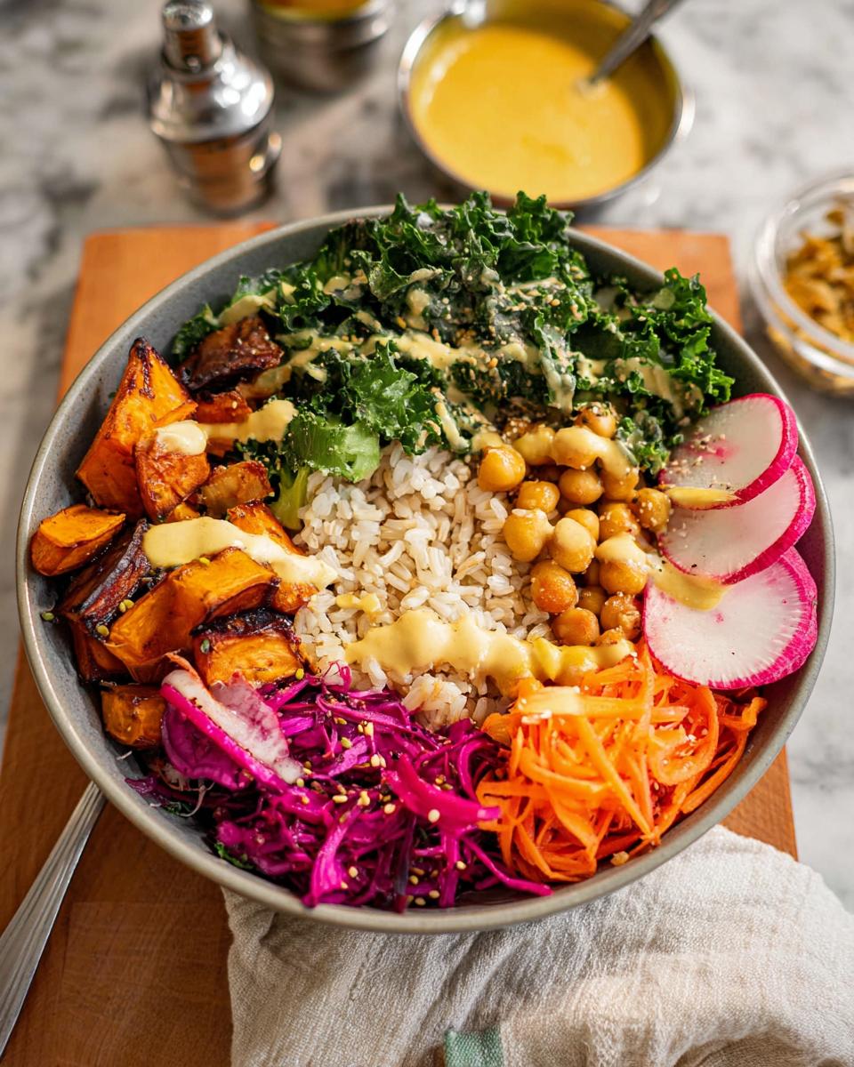 A vibrant and healthy rice bowl recipe filled with brown rice, roasted sweet potatoes, kale, chickpeas, shredded carrots, red cabbage, and radishes.