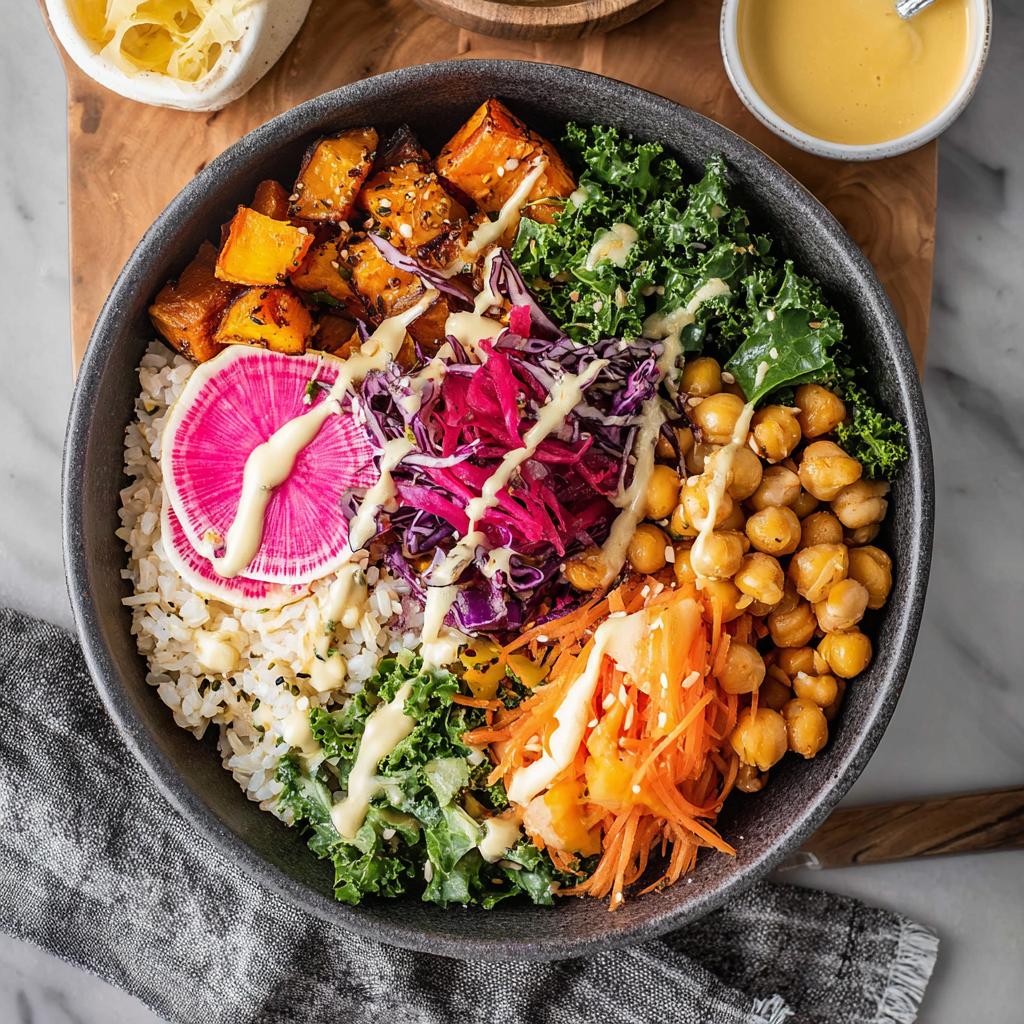 A vibrant and healthy rice bowl recipe featuring roasted sweet potatoes, kale, chickpeas, shredded carrots, red cabbage, and a slice of watermelon radish.