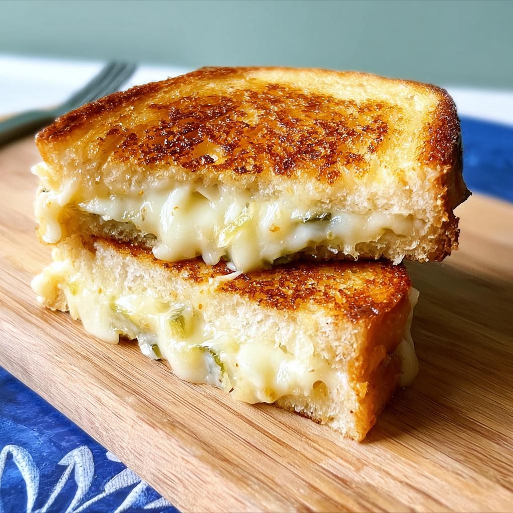 A close-up of a halved jalapeno grilled cheese sandwich, with melted cheese oozing out.