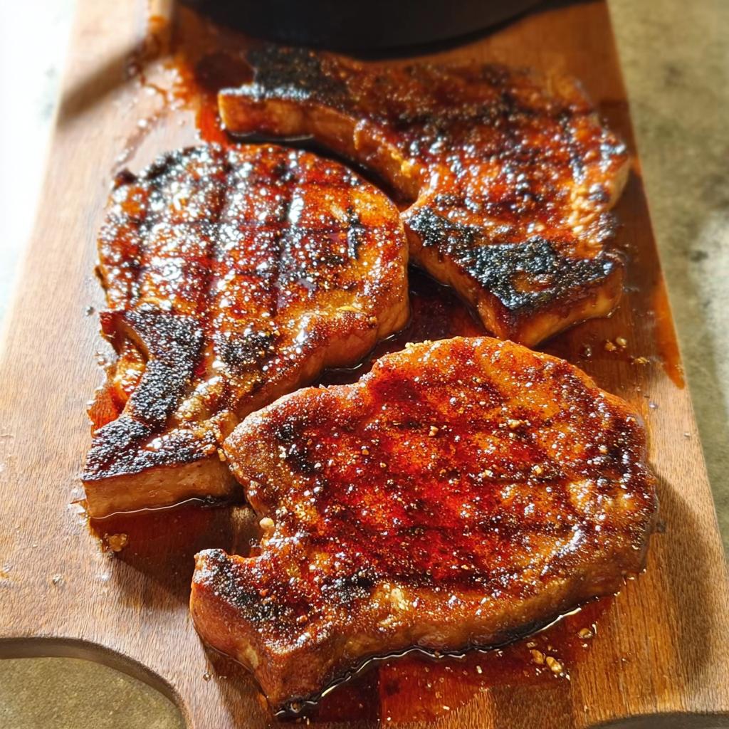 Four perfectly cooked, glazed pork chops resting on a wooden cutting board, ready to be served.