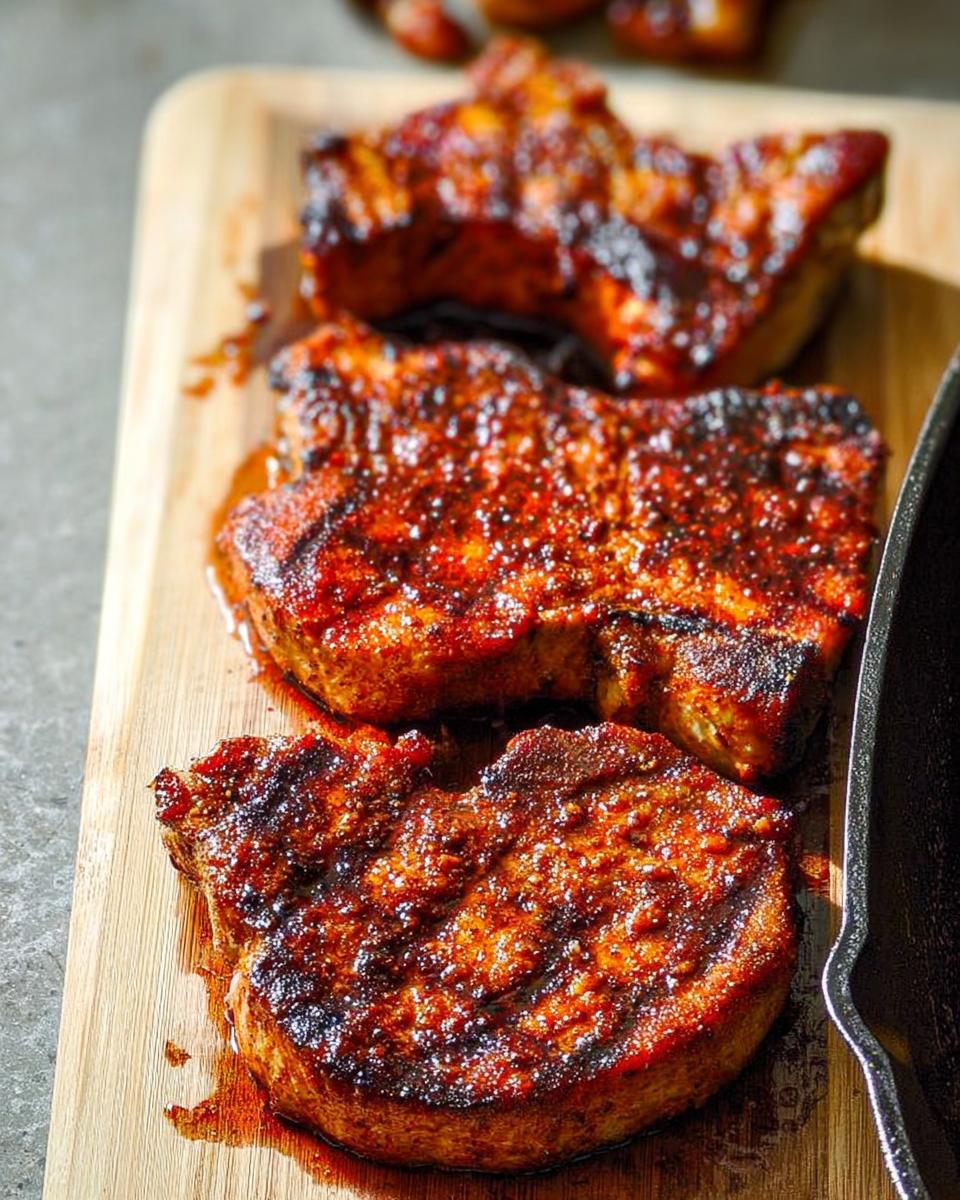 Three juicy pork chops glazed with a dark, savory sauce, served on a wooden board.