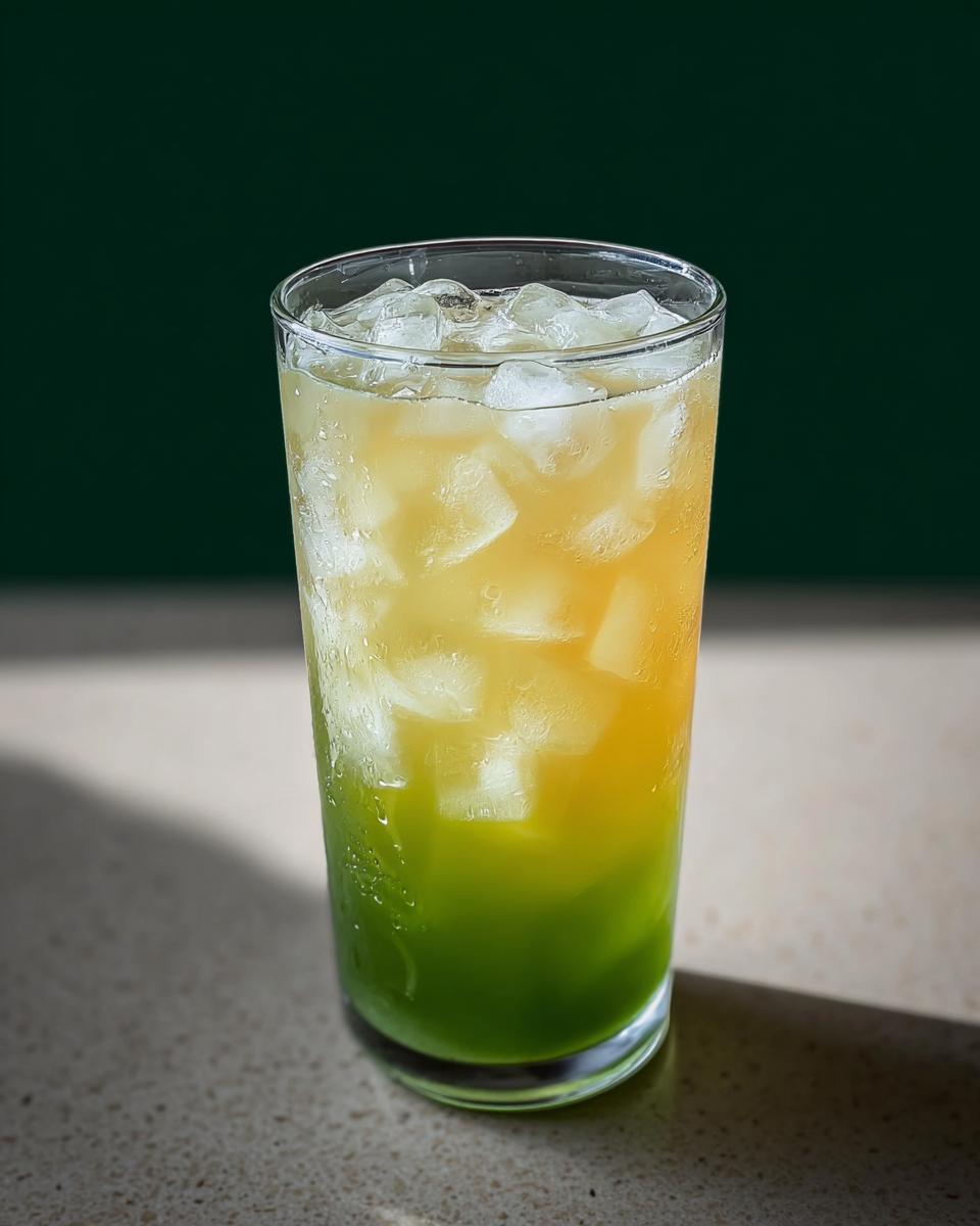 A tall glass filled with ice and a layered green and yellow Starbucks drink, part of 20-Ingredient Starbucks Drinks Recipes.
